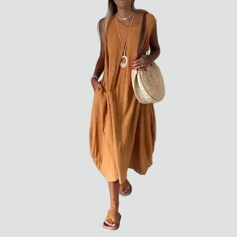 Loose women's maxi dress sleeveless made of linen and cotton