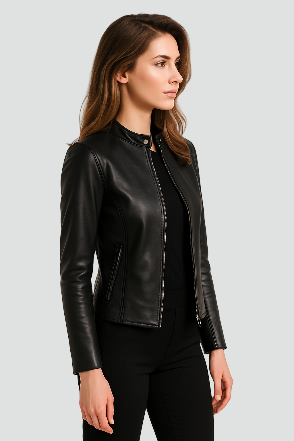 Krótka damska kurtka z ekoskóry na zamek