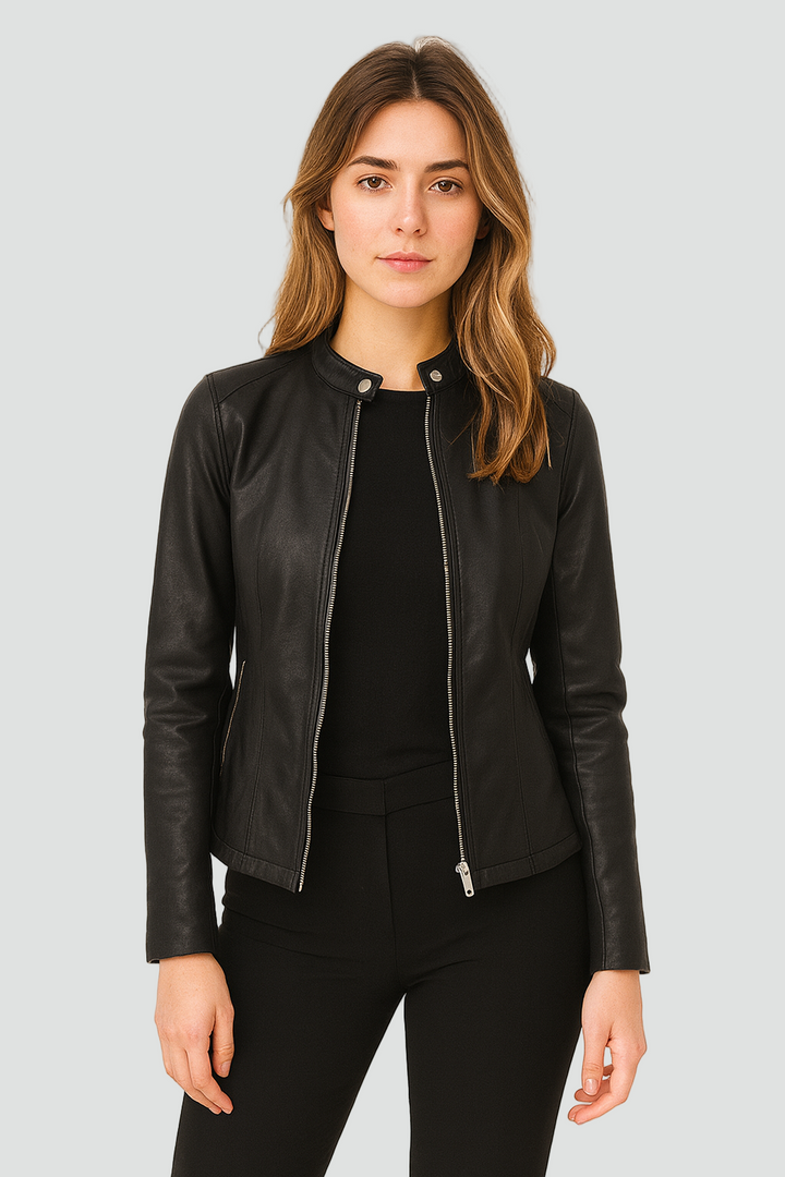 Krótka damska kurtka z ekoskóry na zamek