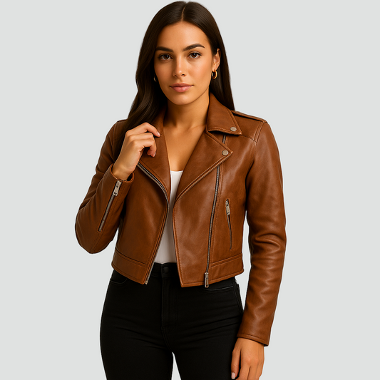 Krótka kurtka damska biker leather look z zamkiem