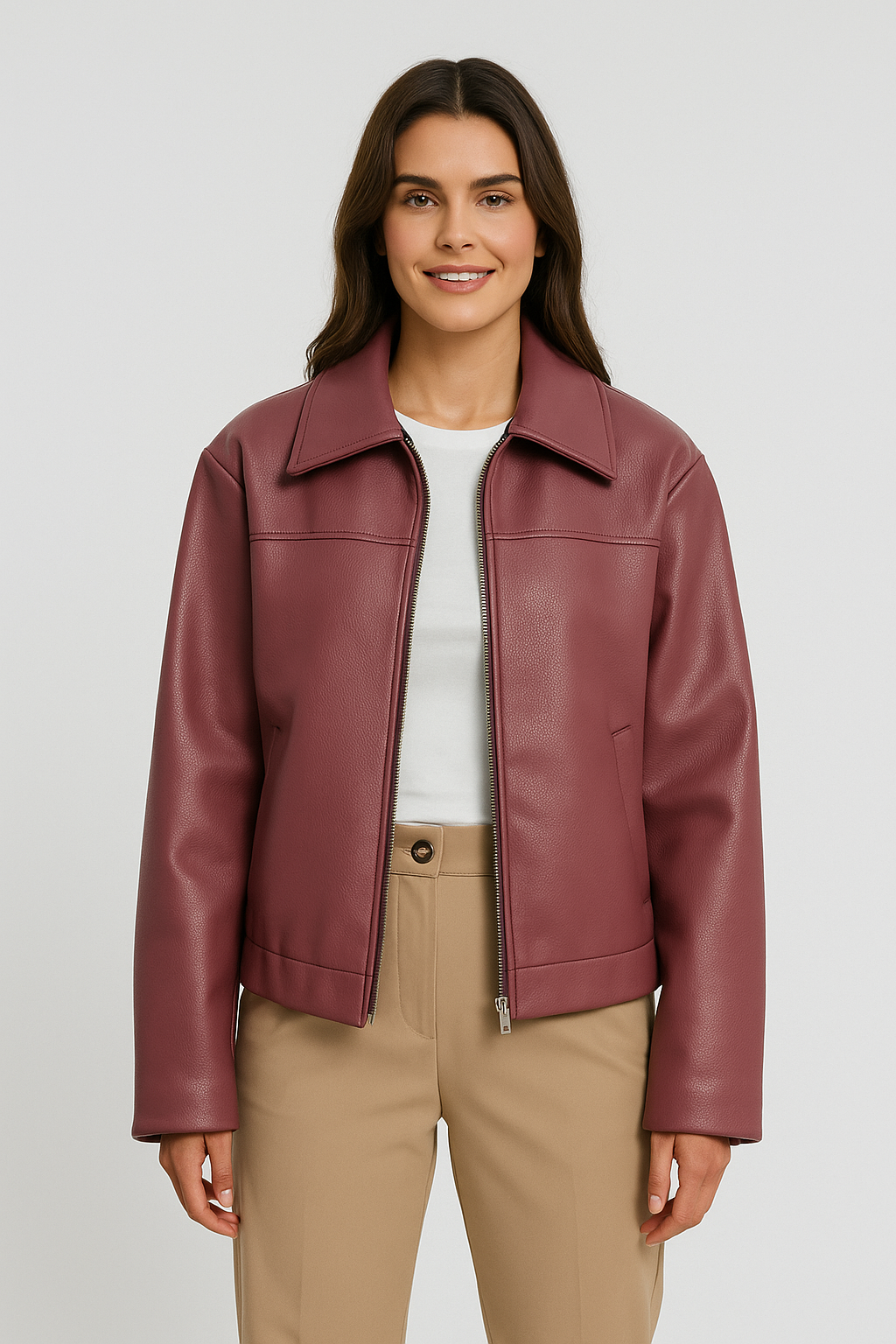 Krótka kurtka damska ze skóry ekologicznej z kołnierzem