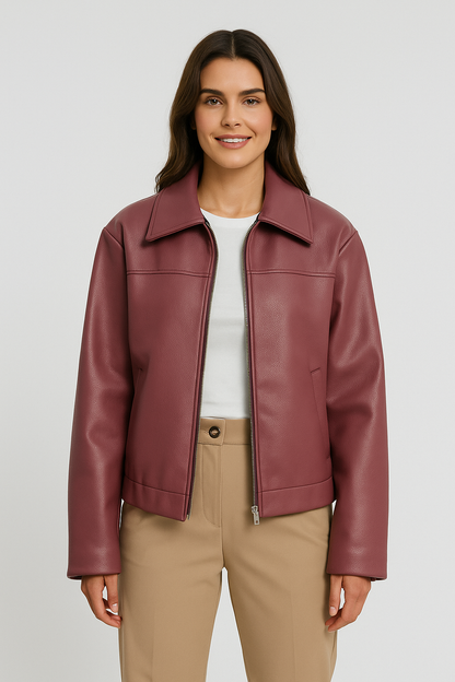 Krótka kurtka damska ze skóry ekologicznej z kołnierzem