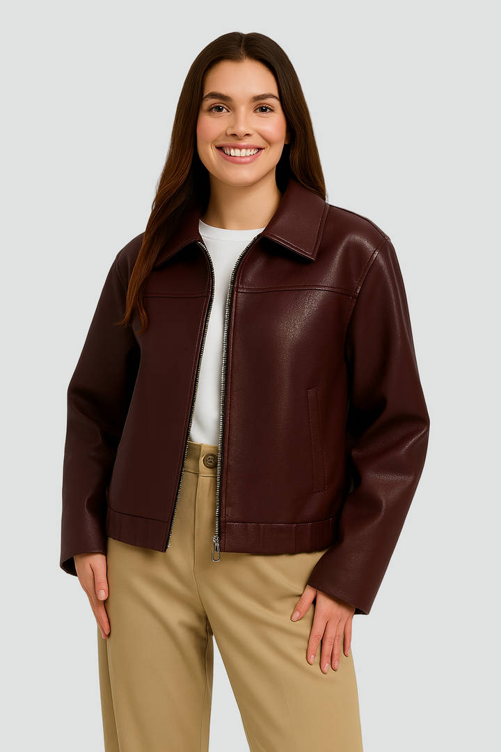 Krótka kurtka damska ze skóry ekologicznej z kołnierzem