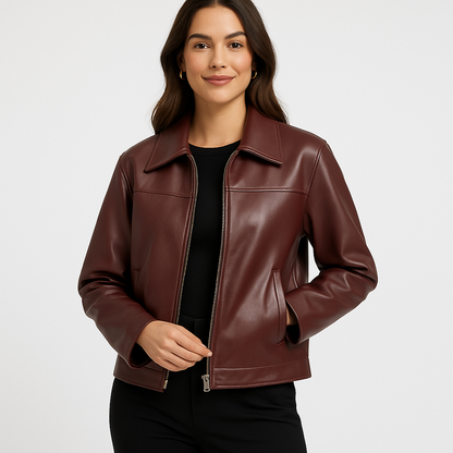 Krótka kurtka damska ze skóry ekologicznej z kołnierzem