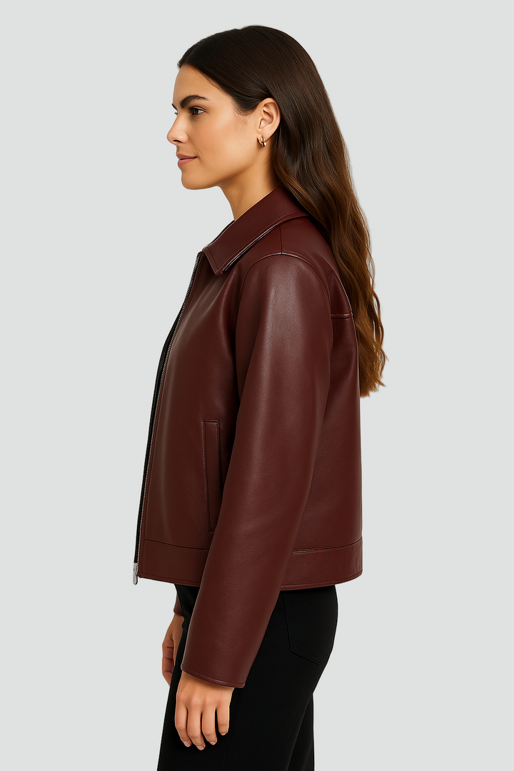 Krótka kurtka damska ze skóry ekologicznej z kołnierzem