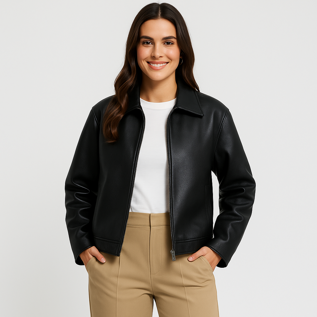 Krótka kurtka damska ze skóry ekologicznej z kołnierzem