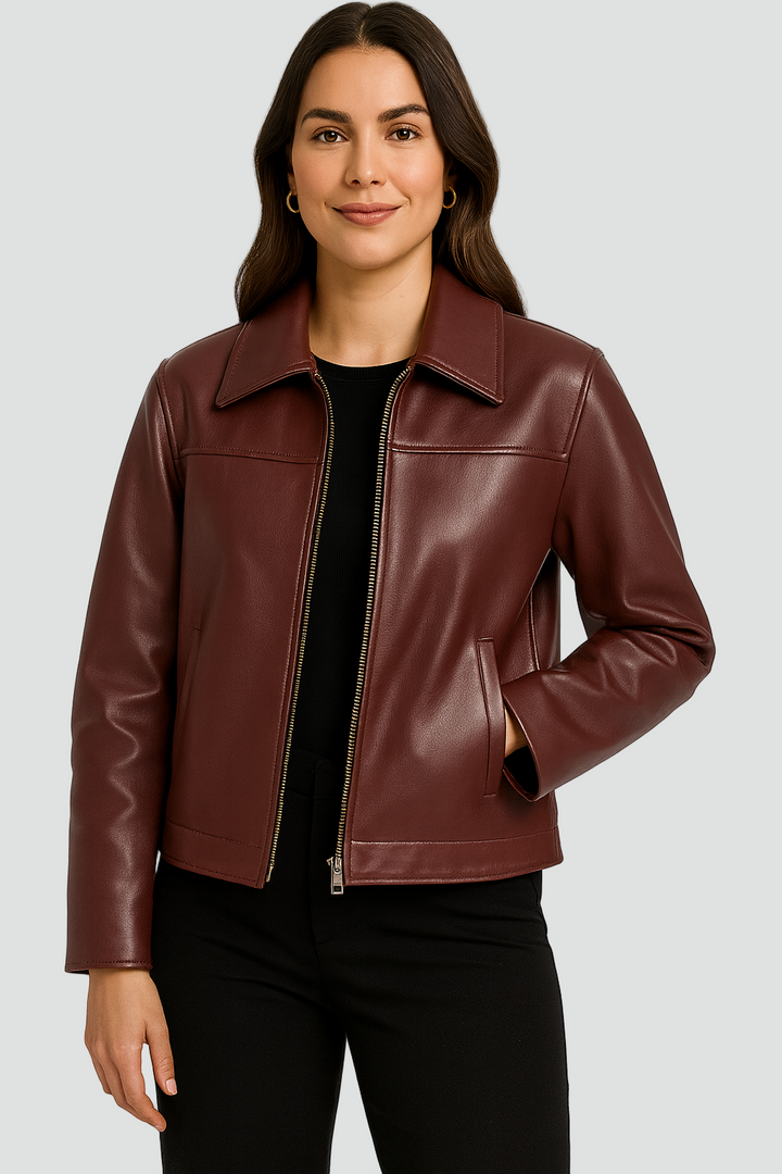 Krótka kurtka damska ze skóry ekologicznej z kołnierzem