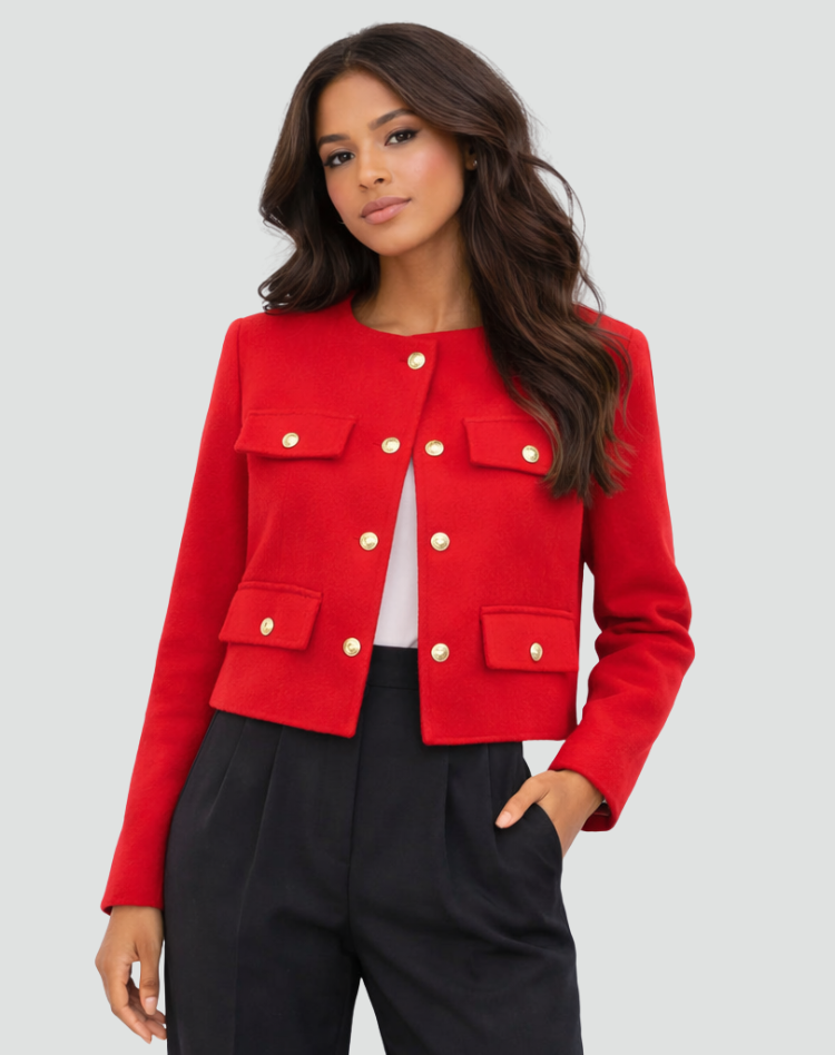 Short collarless jacket with gold buttons