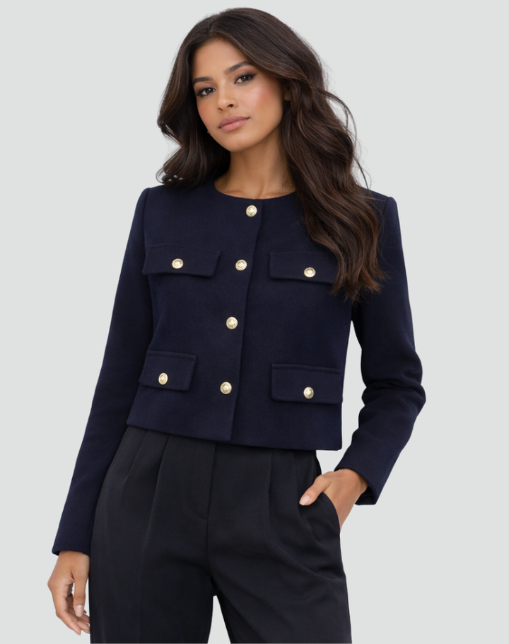 Short collarless jacket with gold buttons