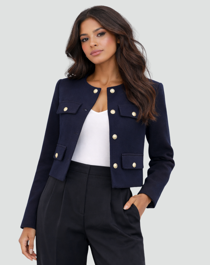 Short collarless jacket with gold buttons