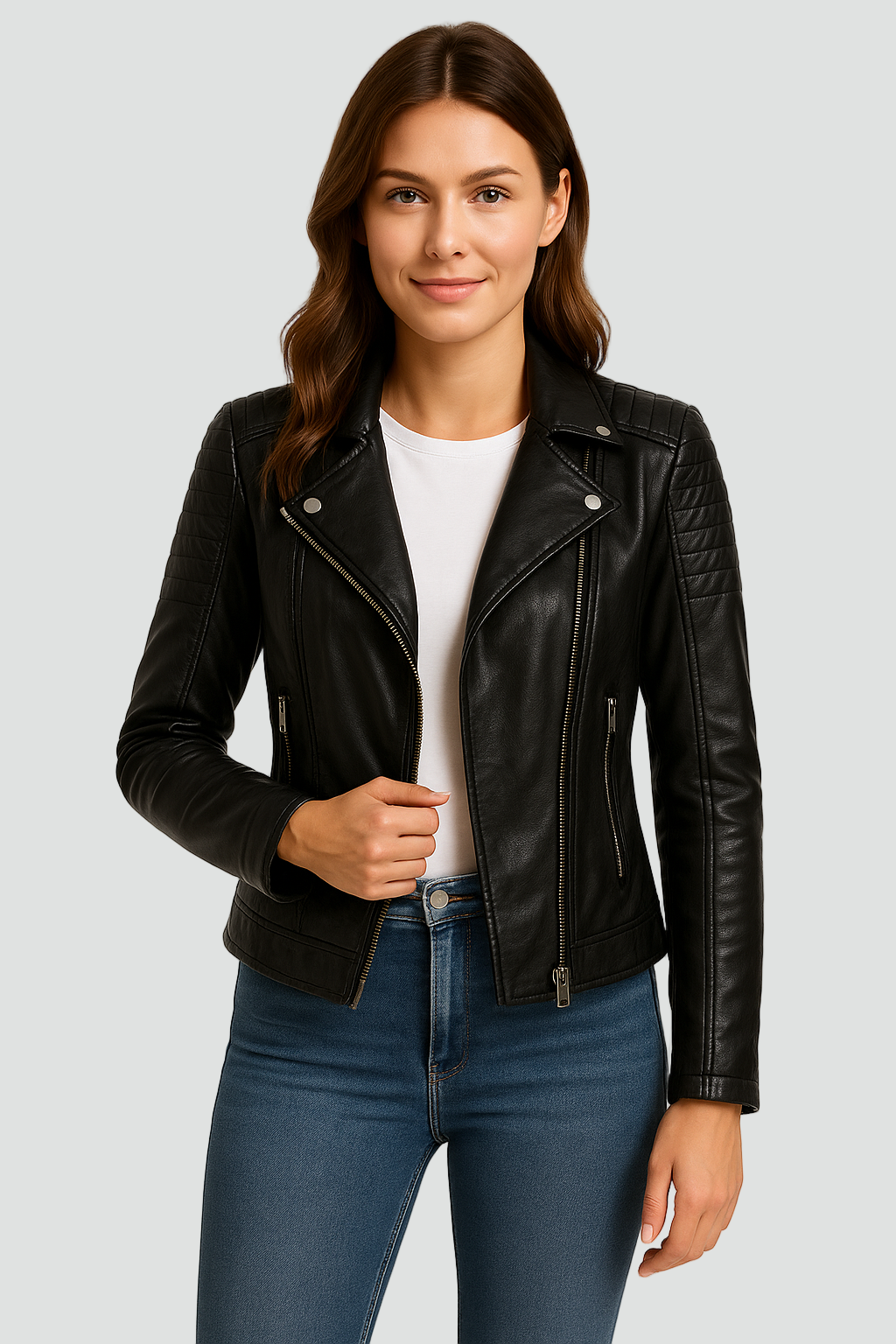 Czarna kurtka biker z eko-skóry z pikowanymi ramionami dla kobiet