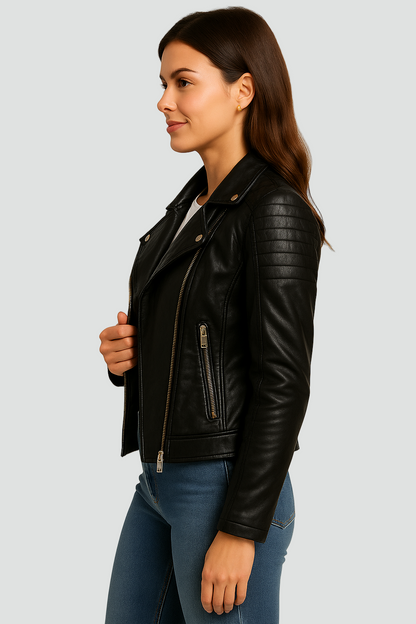 Czarna kurtka biker z eko-skóry z pikowanymi ramionami dla kobiet