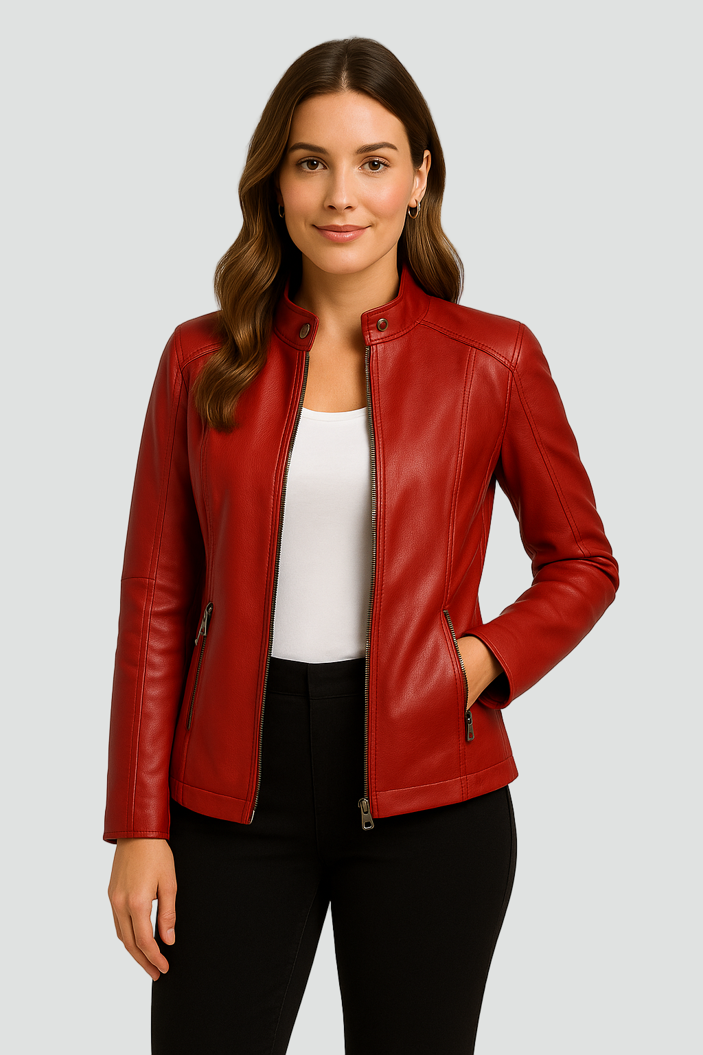 Kurtka damska biker leather look z zamkiem i stójką