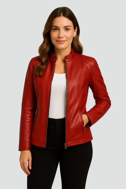 Kurtka damska biker leather look z zamkiem i stójką