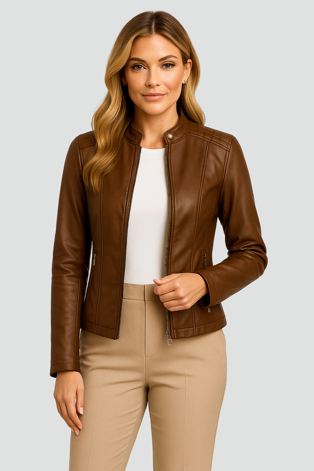 Kurtka damska biker leather look z zamkiem i stójką