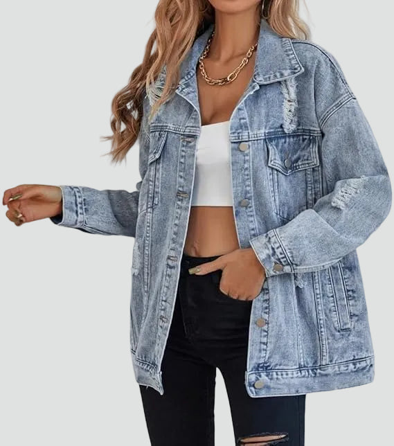 Oversized women's denim jacket with distressing for everyday wear