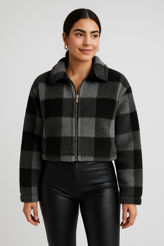 Kurtka teddy w kratę damska z miękkiego polaru na zamek