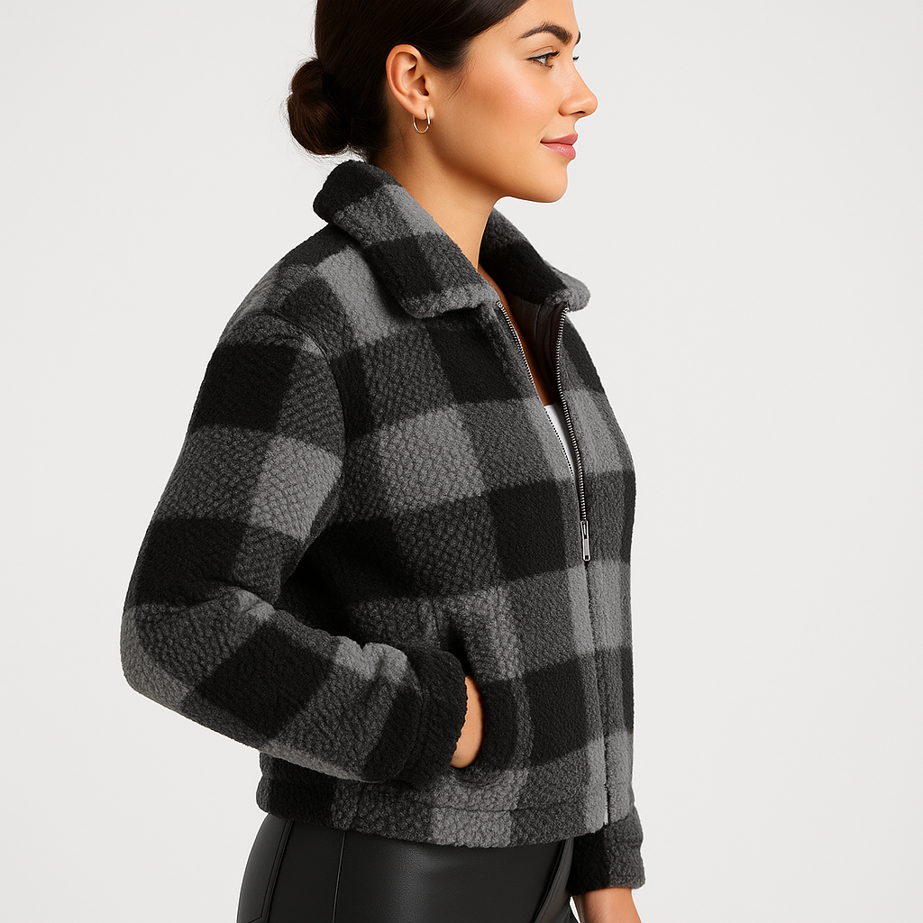 Kurtka teddy w kratę damska z miękkiego polaru na zamek