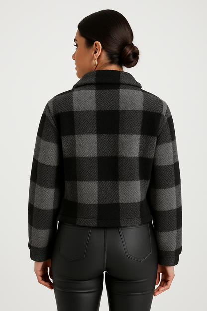 Kurtka teddy w kratę damska z miękkiego polaru na zamek