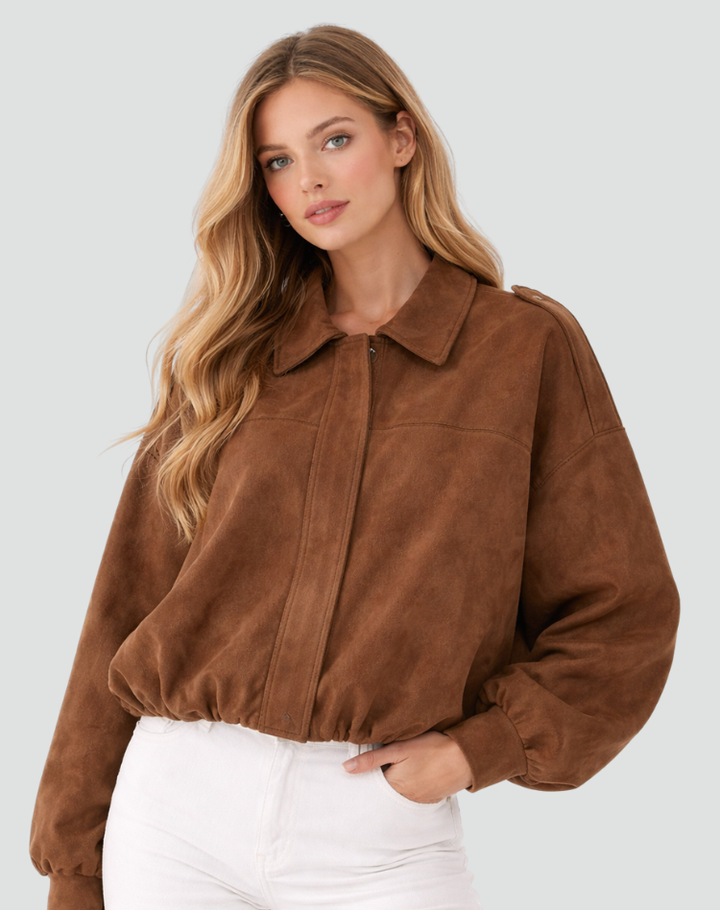 Women's oversized suede bomber jacket transitional short coat