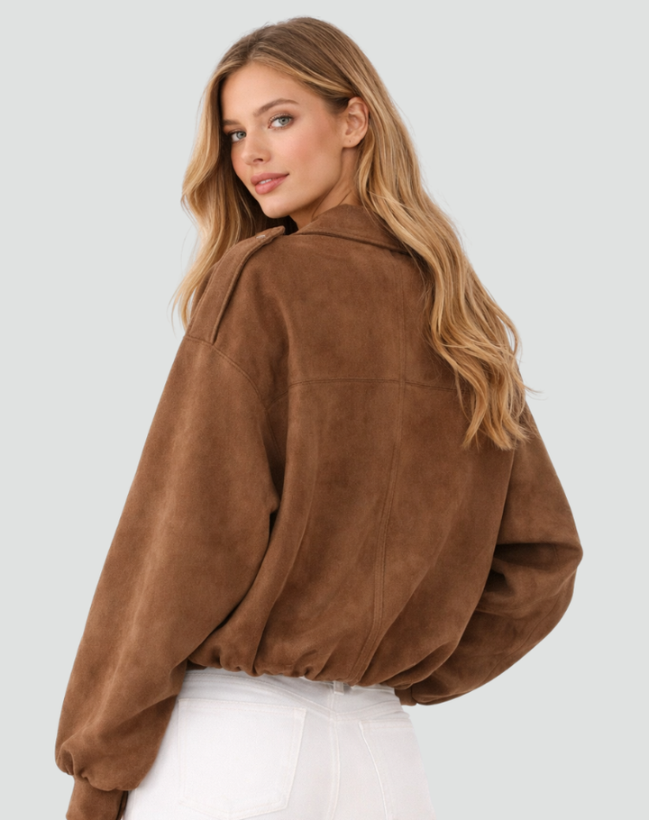 Women's oversized suede bomber jacket transitional short coat