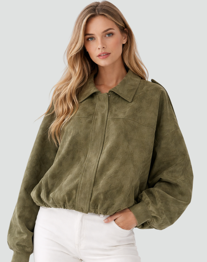 Women's oversized suede bomber jacket transitional short coat