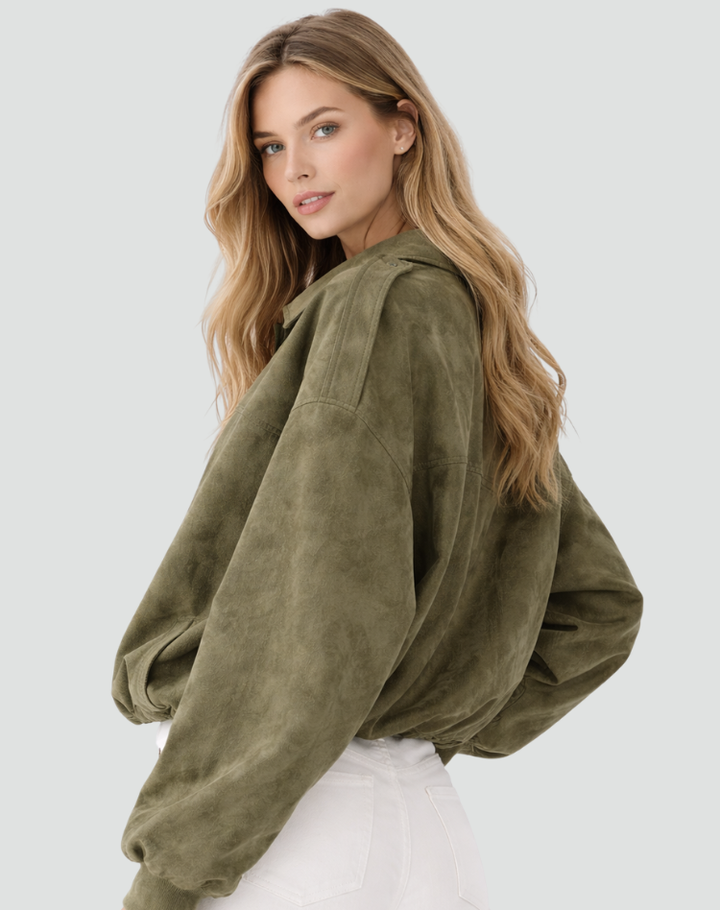Women's oversized suede bomber jacket transitional short coat
