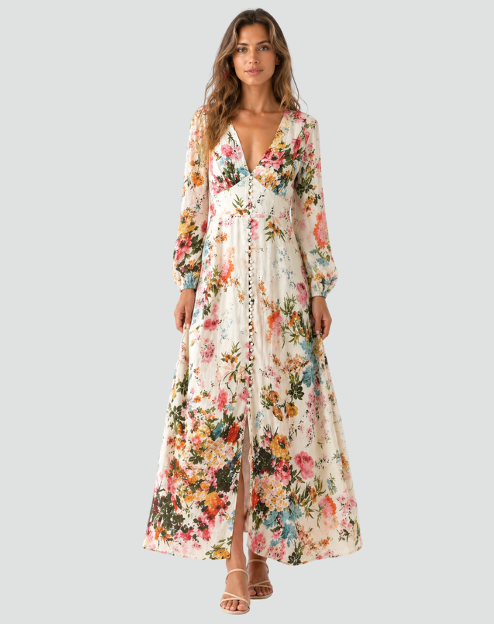 Floral maxi dress with V-neck and buttons, long sleeves