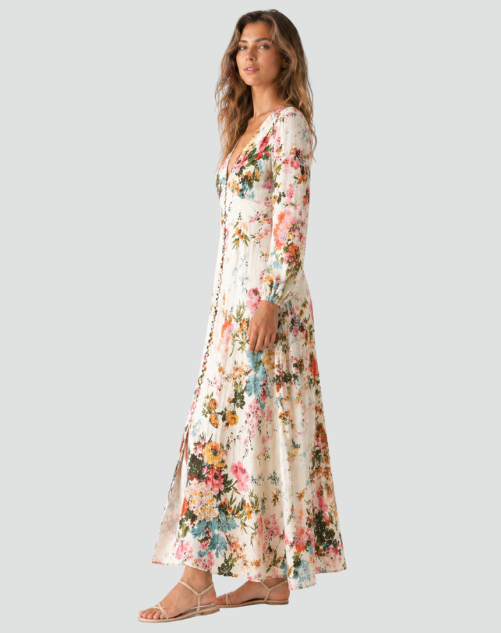 Floral maxi dress with V-neck and buttons, long sleeves