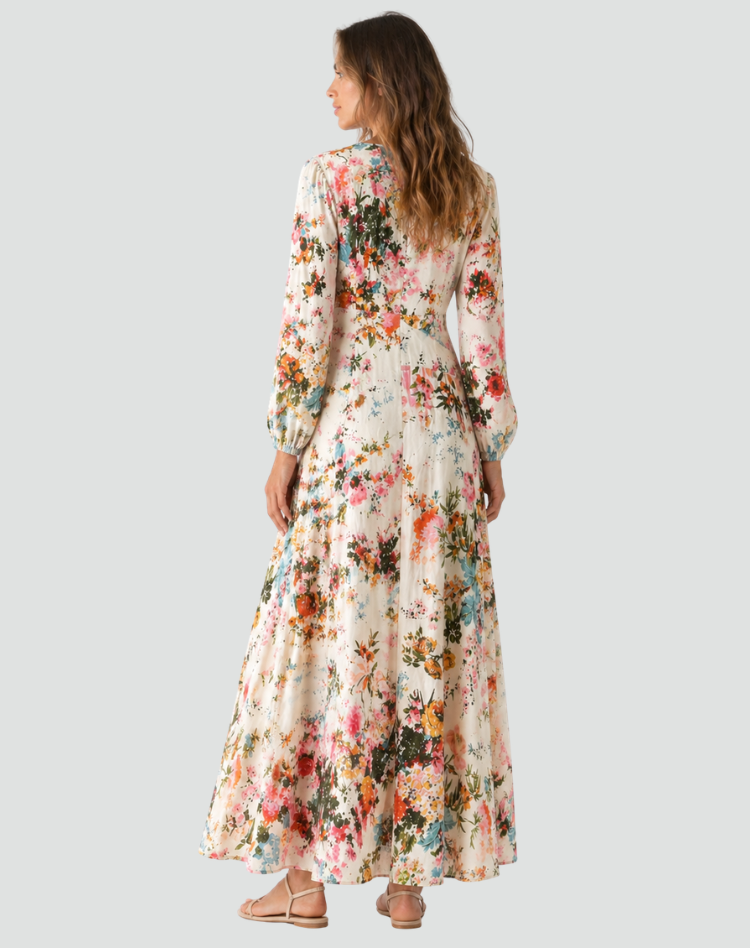 Floral maxi dress with V-neck and buttons, long sleeves