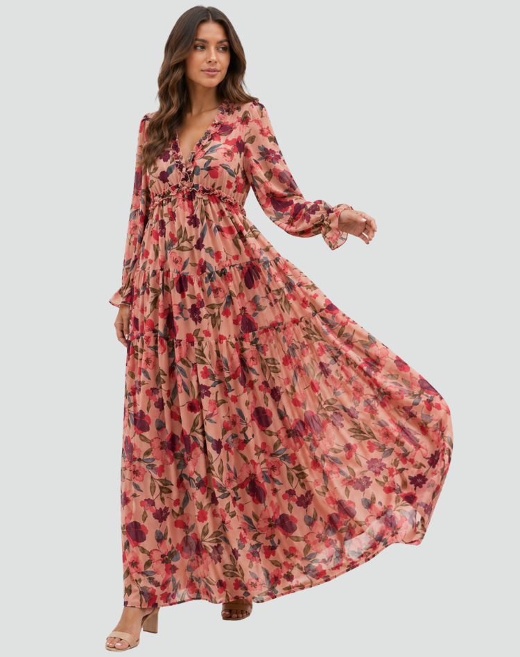 Women's floral maxi dress with long sleeves and V-neckline