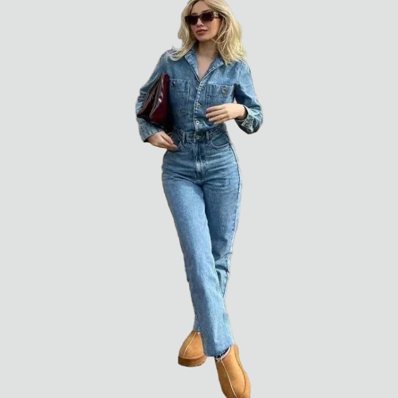 Combinaison féminine en jean ajustée en denim à manches longues décontractée