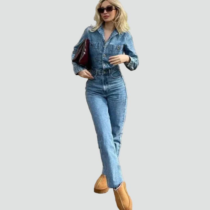 Combinaison féminine en jean ajustée en denim à manches longues décontractée