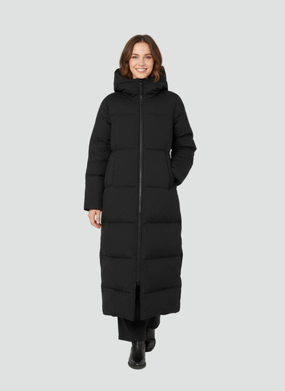 Czarna długa kurtka puffer damska pikowana z kapturem