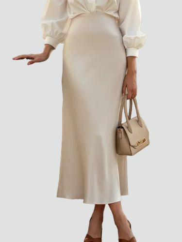Elegancka damska satynowa spódnica midi z wysokim stanem