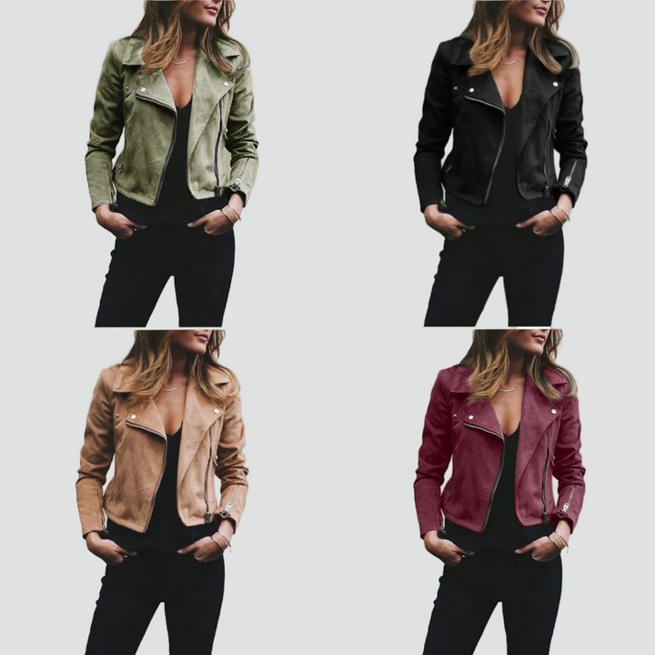 Women's leather look biker jacket with asymmetric zipper