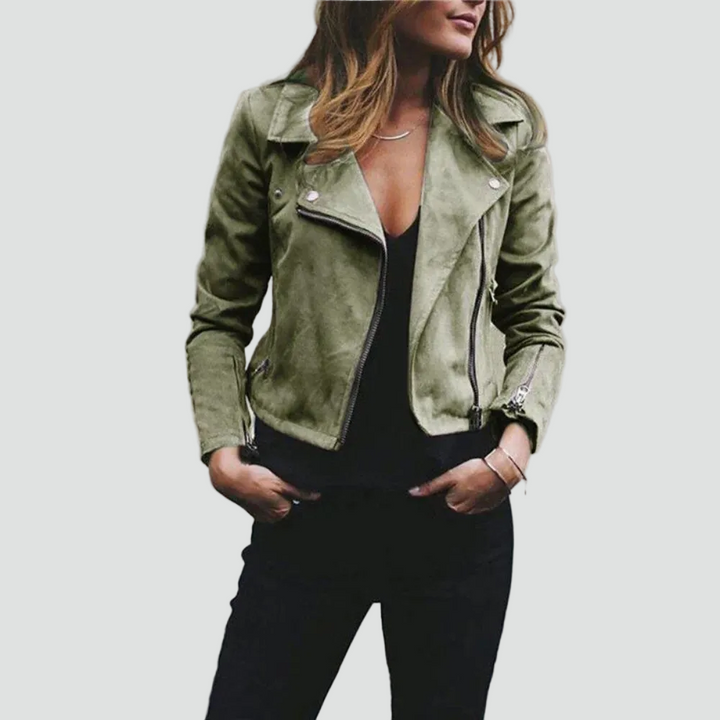 Women's leather look biker jacket with asymmetric zipper