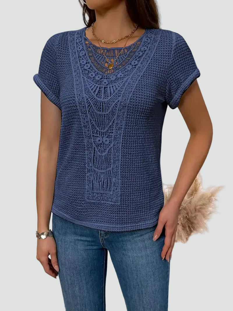 Boho lace panel openwork blouse with short sleeves