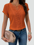 Boho lace panel openwork blouse with short sleeves