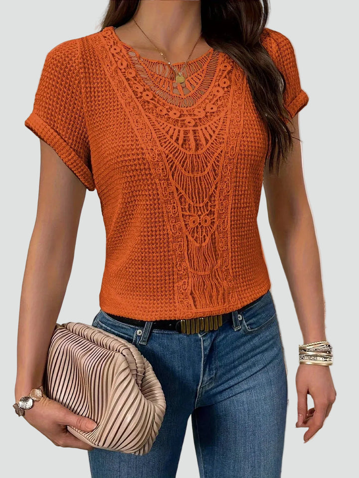 Boho lace panel openwork blouse with short sleeves