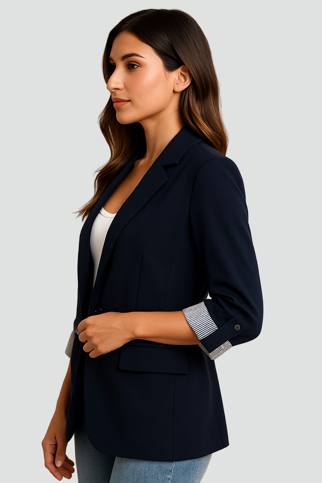 Lekka marynarka damska z klapami i podwiniętymi rękawami w paski