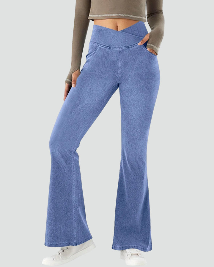 Elastyczne damskie jeansy dzwony z wysokim stanem