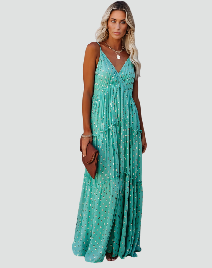 Summer maxi boho dress with spaghetti straps, V-neckline, and ruffles