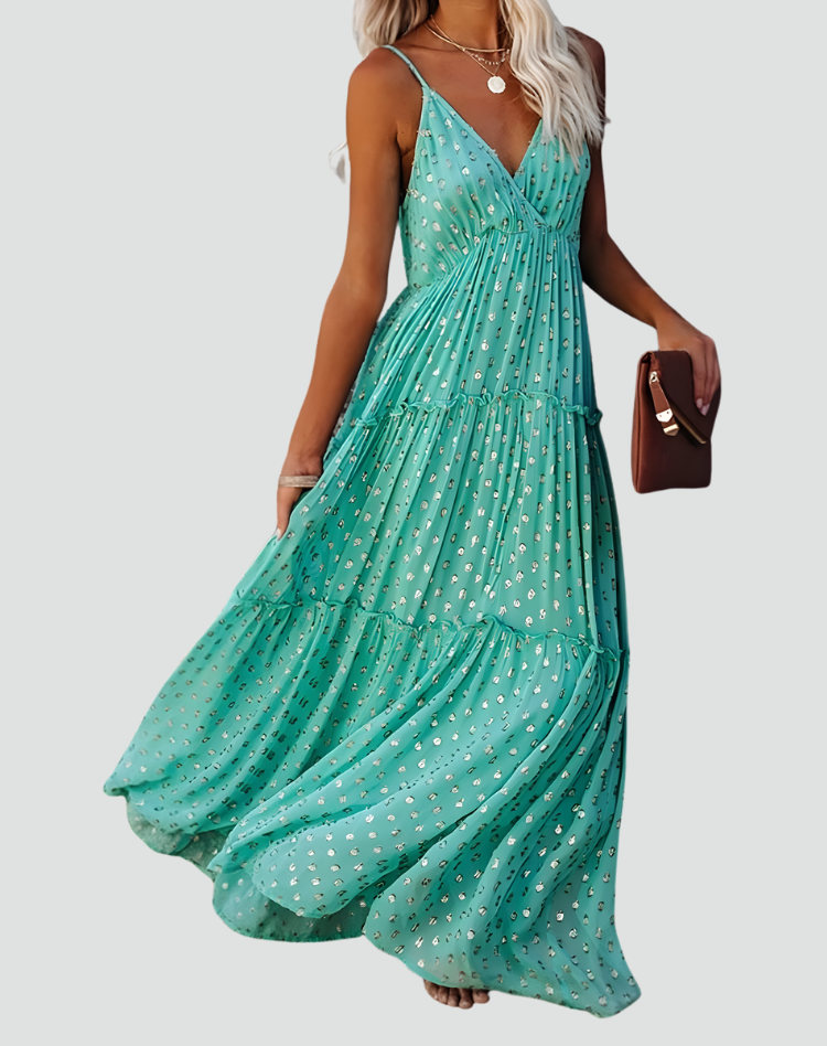 Summer maxi boho dress with spaghetti straps, V-neckline, and ruffles