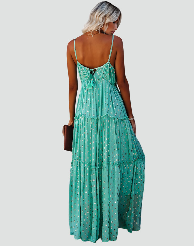 Summer maxi boho dress with spaghetti straps, V-neckline, and ruffles
