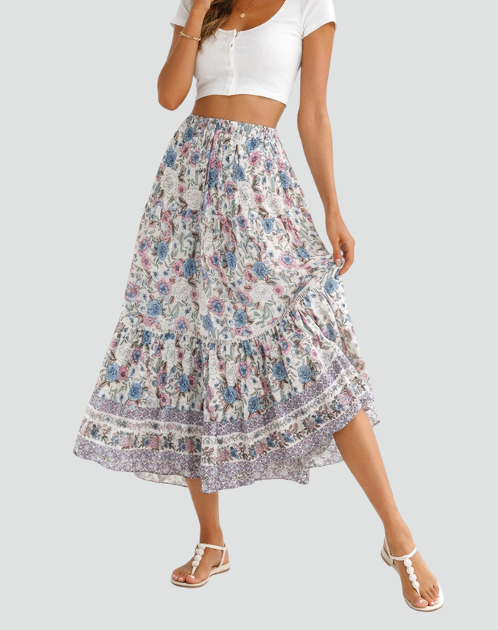 Boho floral maxi summer skirt with high waist
