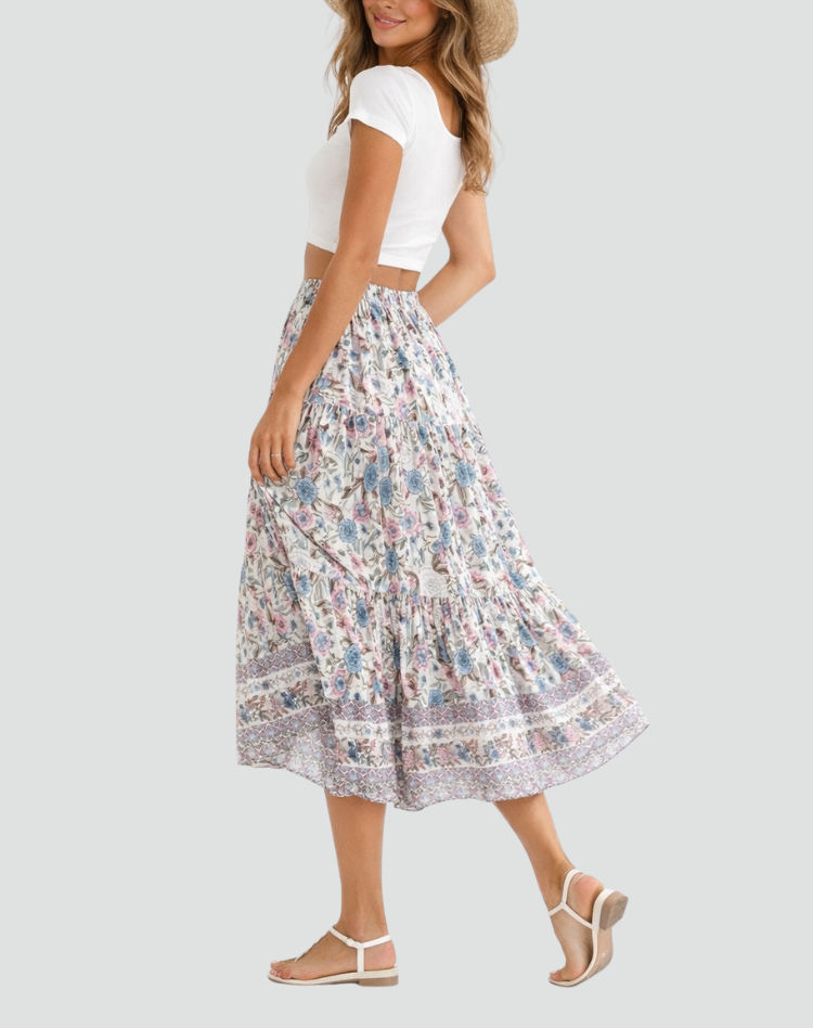 Boho floral maxi summer skirt with high waist