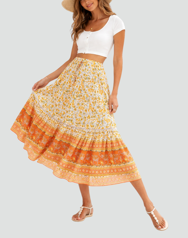 Boho floral maxi summer skirt with high waist