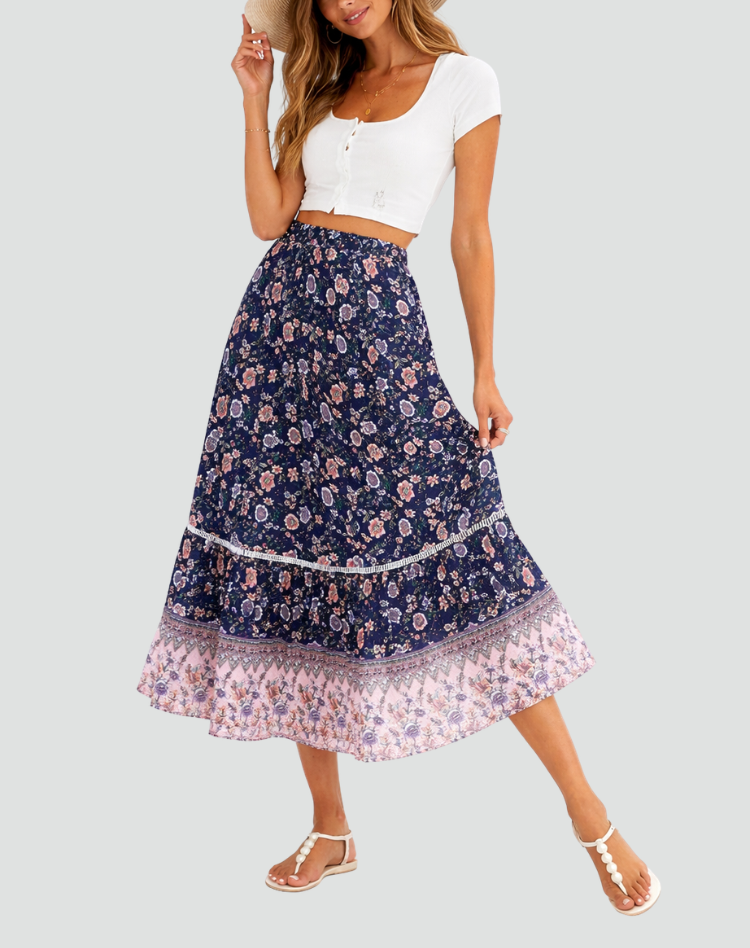 Boho floral maxi summer skirt with high waist