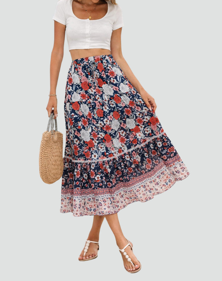 Boho floral maxi summer skirt with high waist